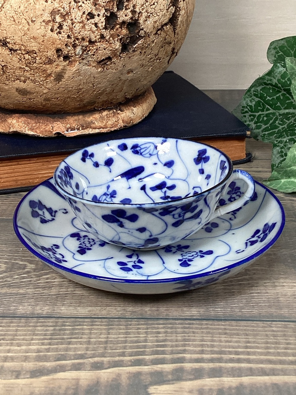 Japan Porcelain Demitasse Teacup & Saucer,  Vintage Blue White Porcelain, Chip